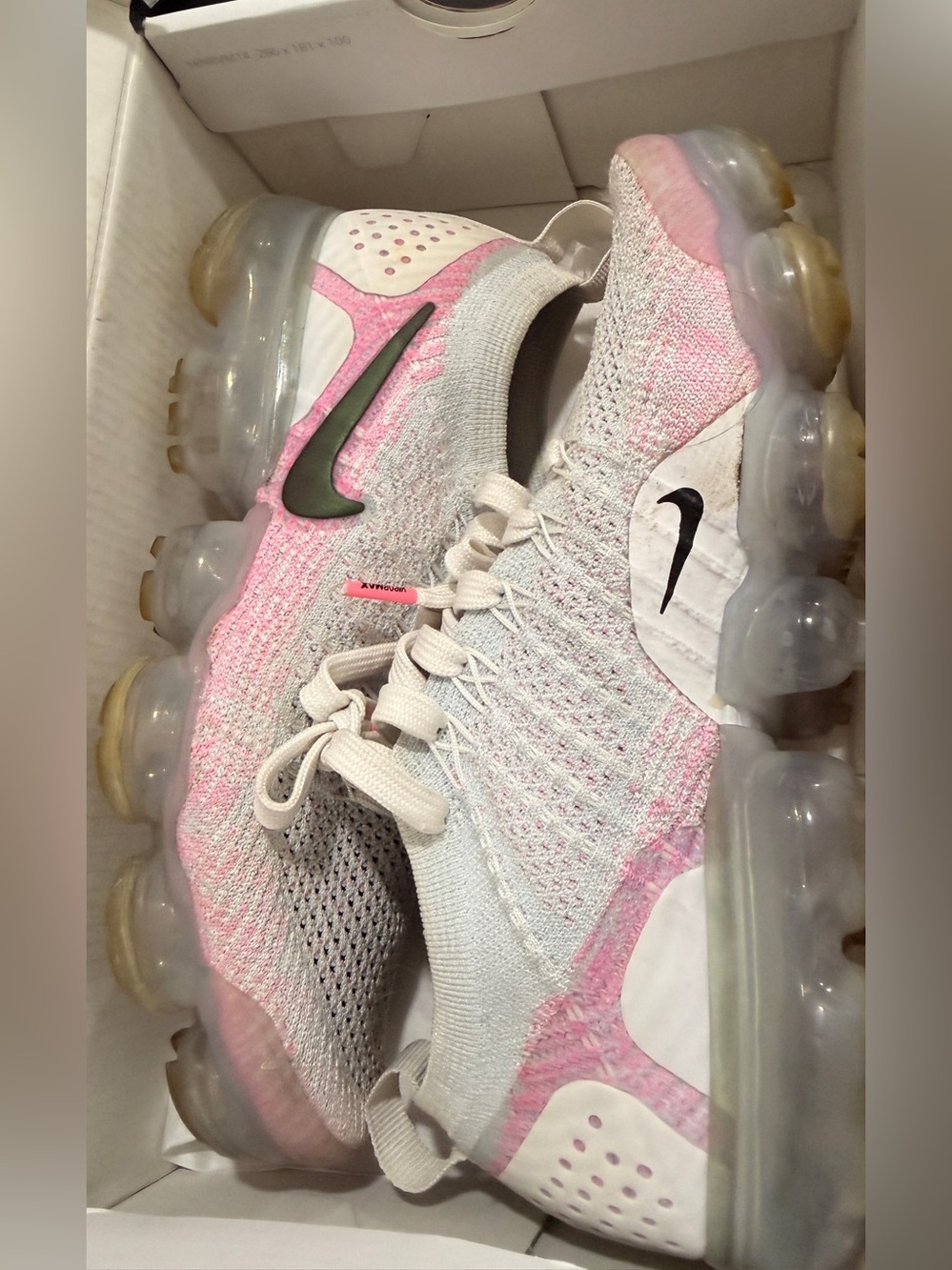 Nike VaporMax Flyknit Sneakers in Pink and White with Black Swoosh